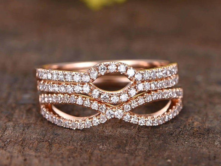 3 bridal ring set half eternity matching band split shank band curved U diamond wedding bands solid 10K rose gold