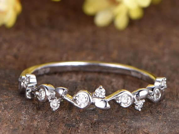 0.50 Moissanite wedding band Solid 10K white gold half eternity band floral band anniversary ring Deco stacking band