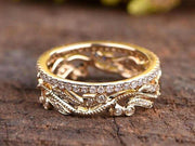 Antique Floral Diamond wedding band set 2 bridal rings diamond ring in Silver with 18k Rose Gold Plating
