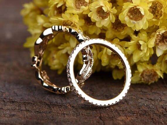 Antique Floral Diamond wedding band set 2 bridal rings diamond ring setfloral bridal set promise ring anniversary rings