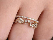 Antique Floral Diamond wedding band set 2 bridal rings diamond ring in Silver with 18k Rose Gold Plating