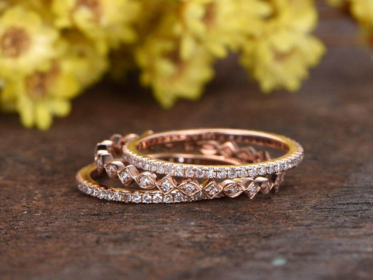 1.50 Carat 3 wedding Ring set Wedding Band Stackable Ring set Solid 10k Rose Gold