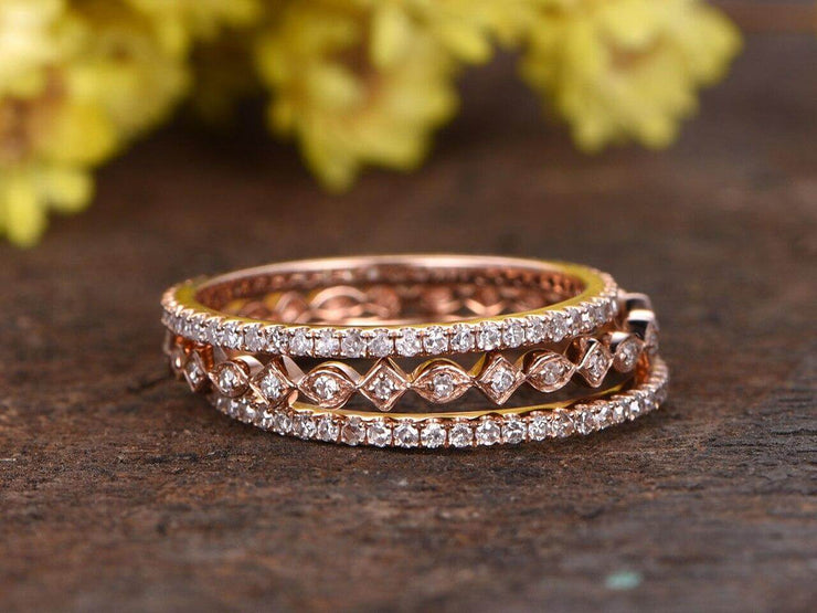 1.50 Carat 3 wedding Ring set Wedding Band Stackable Ring set Solid 10k Rose Gold
