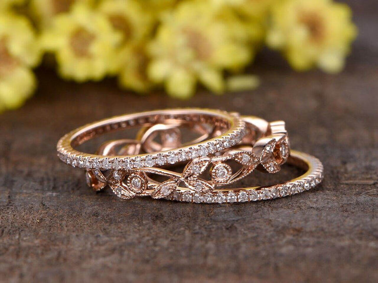 1.50 Carat 3 wedding Ring set Wedding Band Stackable Ring set Solid 10k Rose Gold Vintage Flower