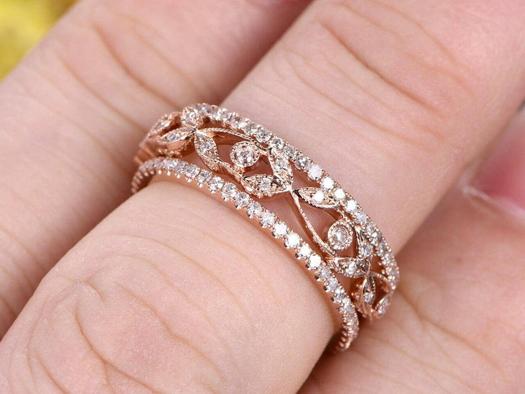1.50 Carat 3 wedding Ring set Wedding Band Stackable Ring set Solid 10k Rose Gold Vintage Flower