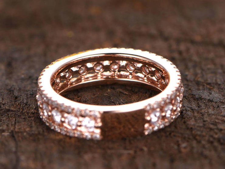0.75 Carat Full eternity diamond wedding band Three row diamond engagement ring Solid 10k Rose Gold Stacking wedding band