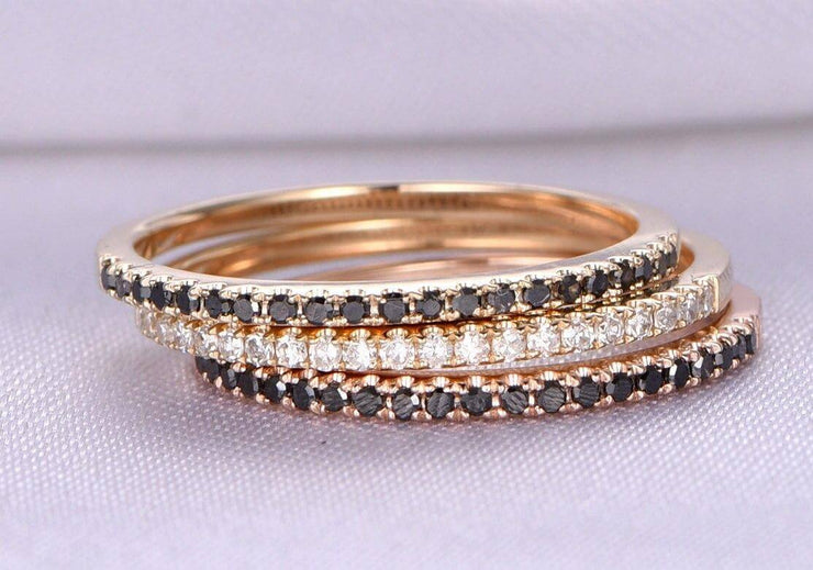 1.00 Carat 3 Wedding rings set Black and White diamonds wedding ring 