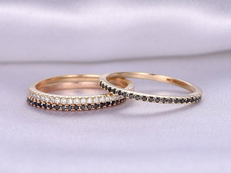 1.00 Carat 3 Wedding rings set Black and White diamonds wedding ring 