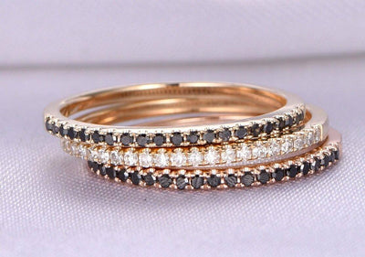 1.00 Carat 3 Wedding rings set Black and White diamonds wedding ring Solid 10k Rose gold