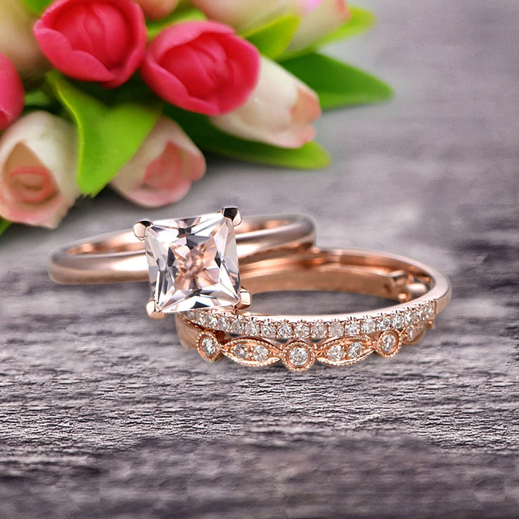 Trio Set 1.50 Carat Princess Cut Morganite Wedding Set Engagement Ring Anniversary Ring On 10k Rose Gold Art Deco With Matching Band Shining Startling Ring
