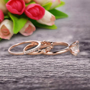 Trio Set 1.50 Carat Princess Cut Morganite Wedding Set Engagement Ring Anniversary Ring On 10k Rose Gold Art Deco With Matching Band Shining Startling Ring