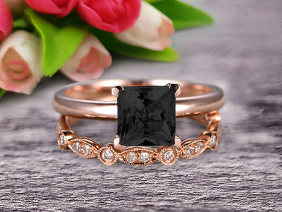 Bridal Set 1.25 Carat Princess Cut Black Diamond Moissanite Solitaire Engagement Ring With Matching Wedding Band On 10k Rose Gold Art Deco Shining Startling Ring