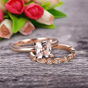 Bridal Set 1.25 Carat Princess Cut Morganite Solitaire Engagement Ring With Matching Wedding Band On 10k Rose Gold Art Deco Shining Startling Ring