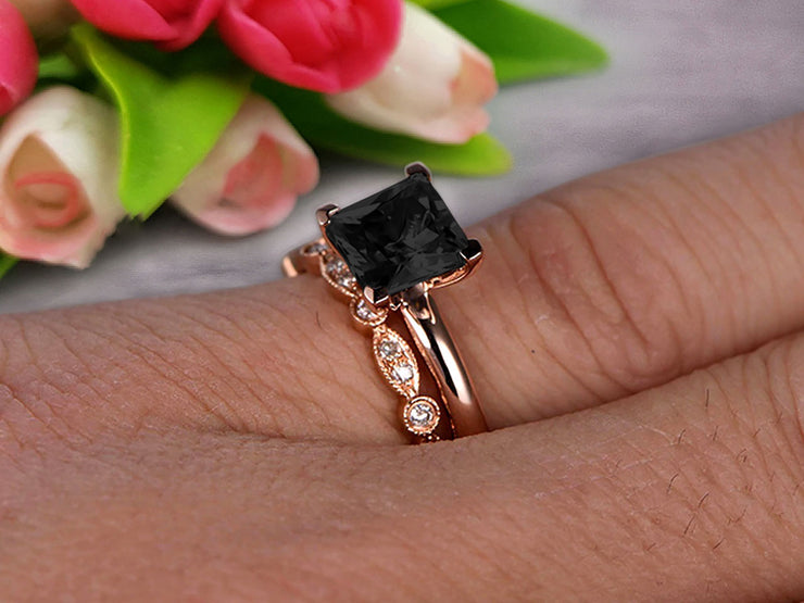 Bridal Set 1.25 Carat Princess Cut Black Diamond Moissanite Solitaire Engagement Ring With Matching Wedding Band On 10k Rose Gold Art Deco Shining Startling Ring