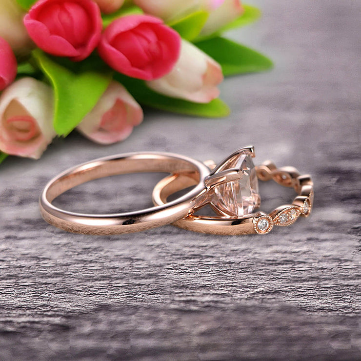 Bridal Set 1.25 Carat Princess Cut Morganite Solitaire Engagement Ring With Matching Wedding Band On 10k Rose Gold Art Deco Shining Startling Ring