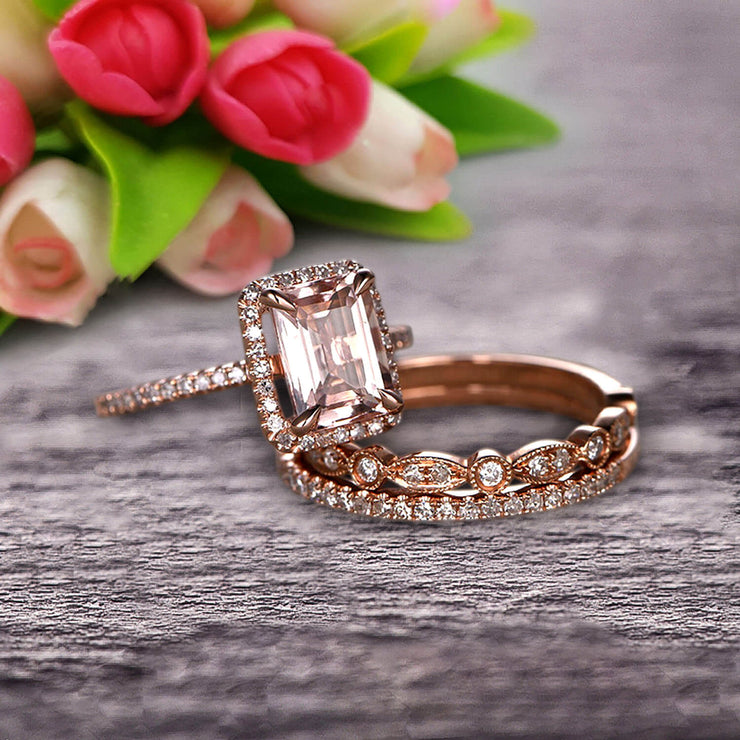 Milgrain 2 Carat Emerald Cut Morganite Wedding Set Engagement Ring 10k Rose Gold Art Deco Two Matching Band Anniversary Gift Glaring Staggering Ring