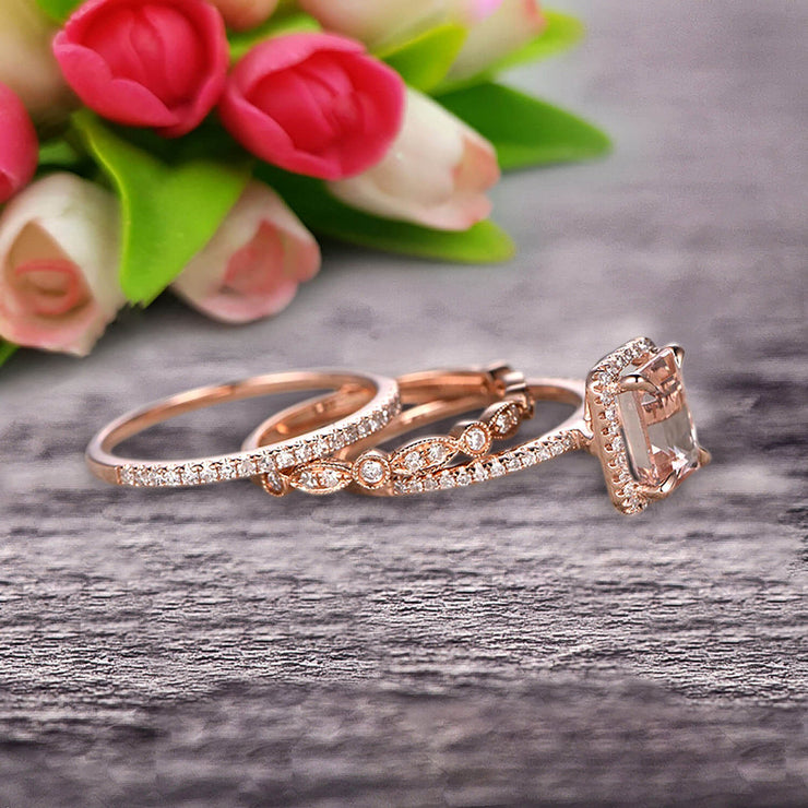 Milgrain 2 Carat Emerald Cut Morganite Wedding Set Engagement Ring 10k Rose Gold Art Deco Two Matching Band Anniversary Gift Glaring Staggering Ring