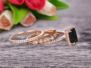 Milgrain 2 Carat Emerald Cut Black Diamond Moissanite Wedding Set Engagement Ring 10k Rose Gold Art Deco Two Matching Band Anniversary Gift Glaring Staggering Ring