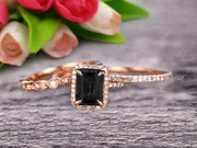Milgrain 2 Carat Emerald Cut Black Diamond Moissanite Wedding Set Engagement Ring 10k Rose Gold Art Deco Two Matching Band Anniversary Gift Glaring Staggering Ring