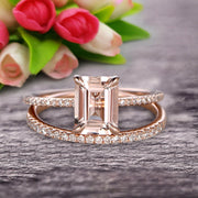 Bridal Ring 1.50 Carat Emerald Cut Morganite Wedding Set Engagement Ring On 10k Rose Gold Anniversary Gift Glaring Staggering Ring