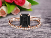 Bridal Ring 1.50 Carat Emerald Cut Black Diamond Moissanite Wedding Set Engagement Ring On 10k Rose Gold Anniversary Gift Glaring Staggering Ring