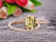 Bridal Ring 1.50 Carat Emerald Cut Champagne Diamond Moissanite Wedding Set Engagement Ring On 10k Rose Gold Anniversary Gift Glaring Staggering Ring