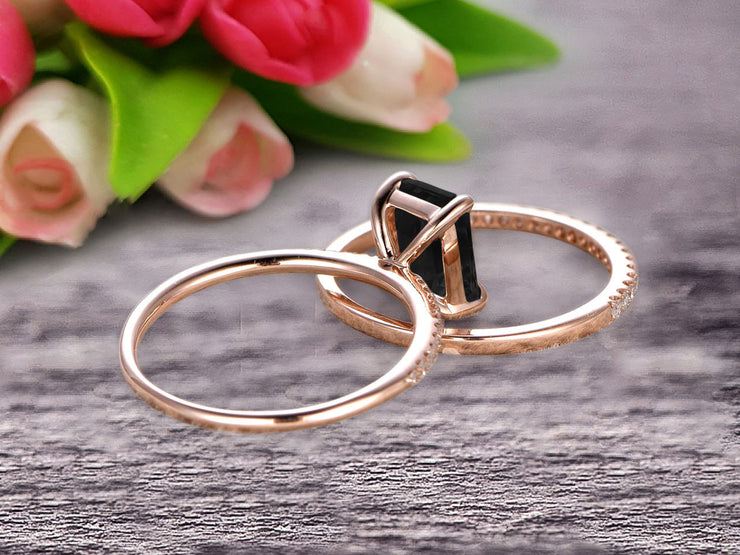 Bridal Ring 1.50 Carat Emerald Cut Black Diamond Moissanite Wedding Set Engagement Ring On 10k Rose Gold Anniversary Gift Glaring Staggering Ring