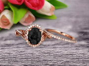 Art Deco 1.50 Carat Oval Cut Black Diamond Moissanite Engagement Ring Wedding Set On 10k Rose Gold Shining Startling Ring Anniversary Gift