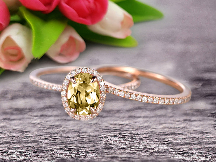 Bridal Set Oval Cut Gemstone 1.75 Carat Champagne Diamond Moissanite Engagement Ring Wedding Ring On 10k Rose Gold Anniversary Gift Glaring Staggering Ring