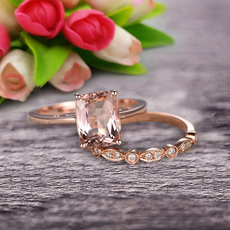 1.25 Carat Cushion Cut Morganite Solitaire Engagement Ring With Matching Band On 10k Rose Gold Art Deco Shining Startling Ring Anniversary Gift