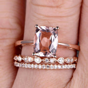 Trio Set Art Deco 1.50 Carat Cushion Cut Morganite Engagement Ring Wedding Set On 10k Rose Gold Shining Startling Ring Anniversary Gift