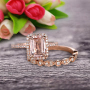 Milgrain Art Deco 1.75 Carat Emerald Cut Morganite Wedding Set Engagement Ring Anniversary 10k Rose Gold Claw Prongs Eternity Matching Band