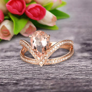 Pear Shape 1.50 Carat Morganite Engagement Ring Wedding Ring Anniversary Ring On 10k Rose Gold Curved V Split Shank Band Glaring Staggering Ring