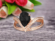 Pear Shape 1.50 Carat Black Diamond Moissanite Engagement Ring Wedding Ring Anniversary Ring On 10k Rose Gold Curved V Split Shank Band Glaring Staggering Ring