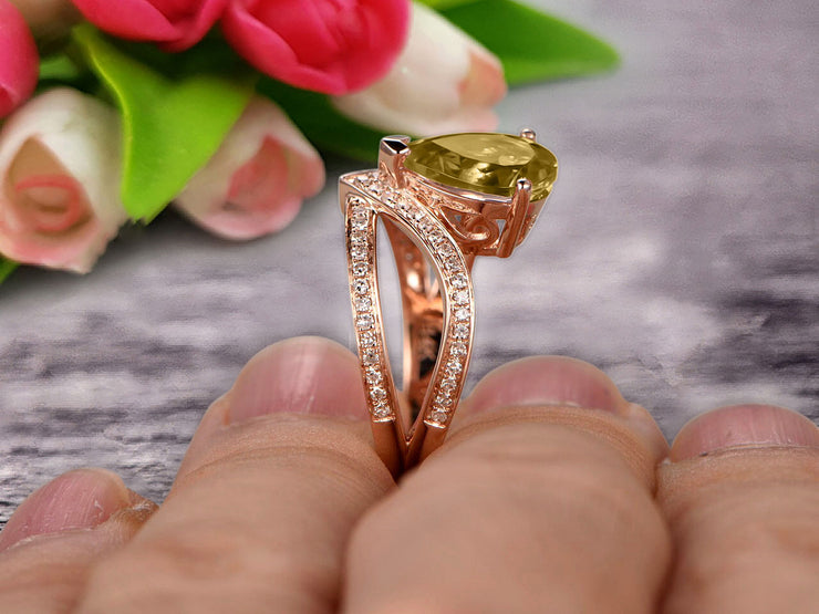 Pear Shape 1.50 Carat Champagne Diamond Moissanite Engagement Ring Wedding Ring Anniversary Ring On 10k Rose Gold Curved V Split Shank Band Glaring Staggering Ring