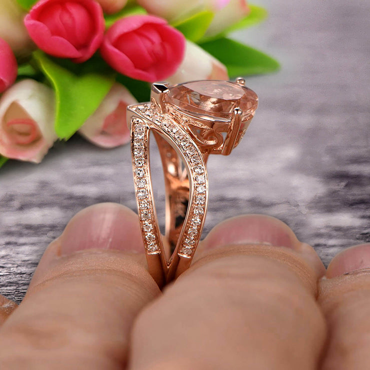 Pear Shape 1.50 Carat Morganite Engagement Ring Wedding Ring Anniversary Ring On 10k Rose Gold Curved V Split Shank Band Glaring Staggering Ring