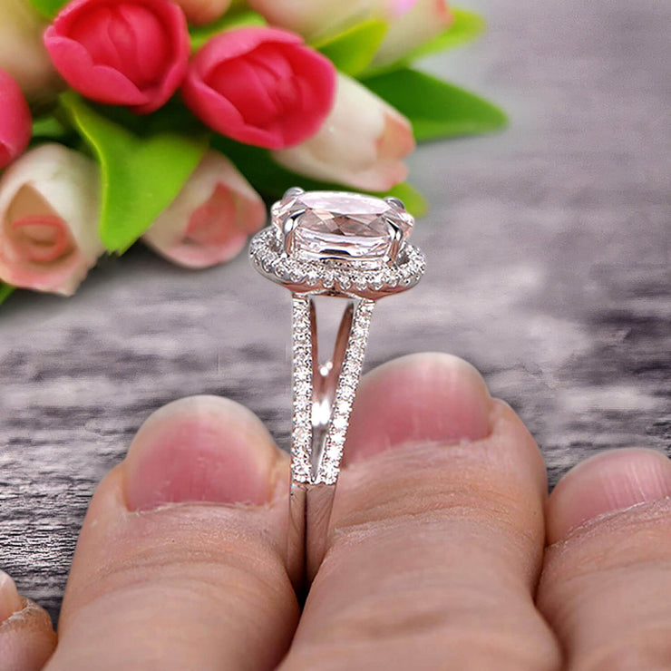 1.50 Cartat Oval Cut Morganite Engagement Ring Wedding Ring On 10k White Gold Split Shank Stacking Band Shining Startling Ring Anniversary Gift