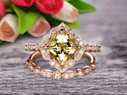 Milgrain Cushion Cut Champagne Diamond Moissanite Wedding Set Bridal Set Engagement Ring 10k Rose Gold Vintage Look Glaring Staggering Ring