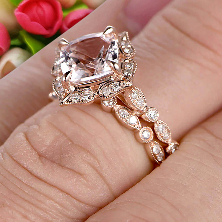 Milgrain Cushion Cut Morganite Wedding Set Bridal Set Engagement Ring 10k Rose Gold Vintage Look Glaring Staggering Ring