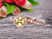 Milgrain Cushion Cut Champagne Diamond Moissanite Wedding Set Bridal Set Engagement Ring 10k Rose Gold Vintage Look Glaring Staggering Ring