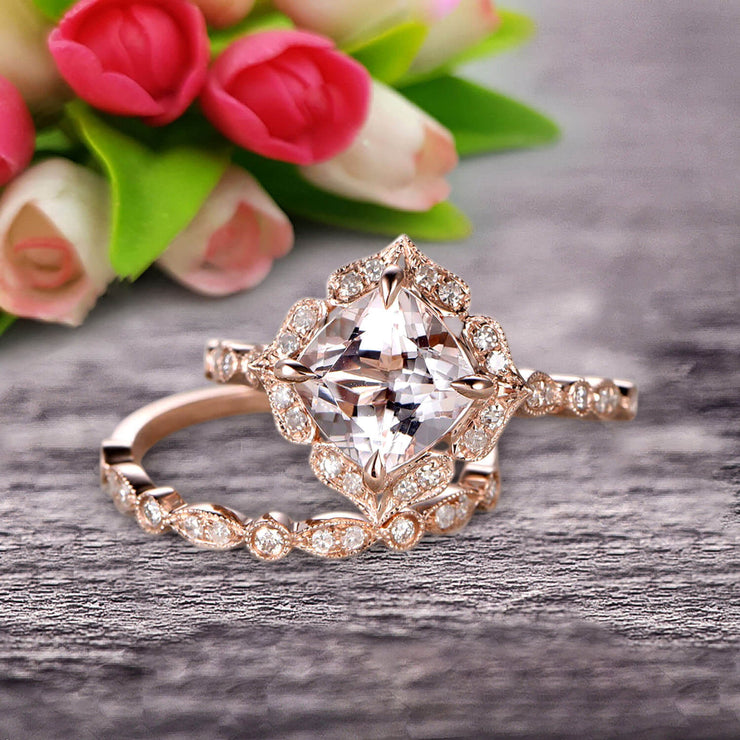 Milgrain Cushion Cut Morganite Wedding Set Bridal Set Engagement Ring 10k Rose Gold Vintage Look Glaring Staggering Ring