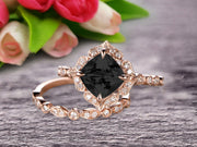 Milgrain Cushion Cut Black Diamond Moissanite Wedding Set Bridal Set Engagement Ring 10k Rose Gold Vintage Look Glaring Staggering Ring