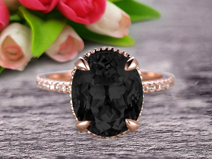 1.50 Carat Oval Cut Black Diamond Moissanite Engagement Ring Wedding Ring Anniversary Gift On 10k Rose Gold Filigree Retro Vintage Floral Set