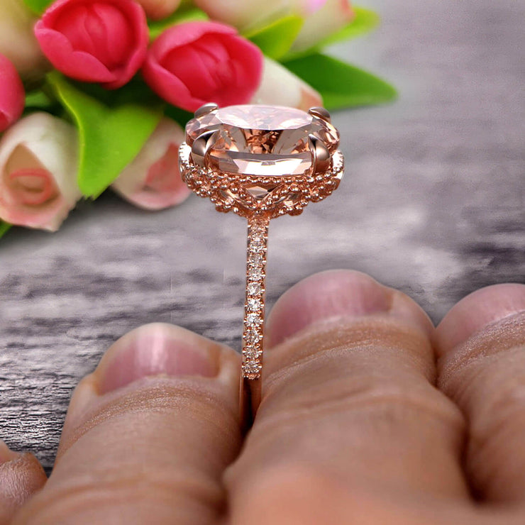 1.50 Carat Oval Cut Morganite Engagement Ring Wedding Ring Anniversary Gift On 10k Rose Gold Filigree Retro Vintage Floral Set