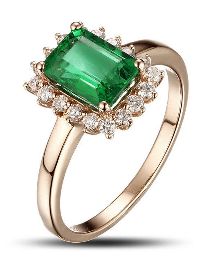 1.25 Carat Emerald and Moissanite Diamond Engagement Ring in Yellow Gold