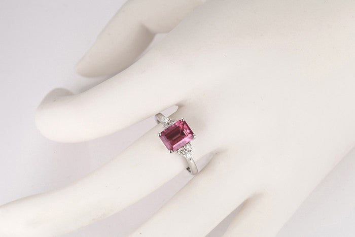 1.25 Carat emerald cut Ruby and Moissanite Diamond Engagement Ring for Women in White Gold