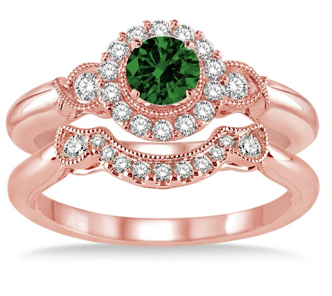 1.25 Carat Emerald Antique Three Stone Flower Halo Bridal Set on 10k Rose Gold