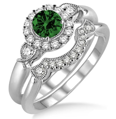 1.25 Carat Emerald Antique Three Stone Flower Halo Bridal Set on 10k White Gold