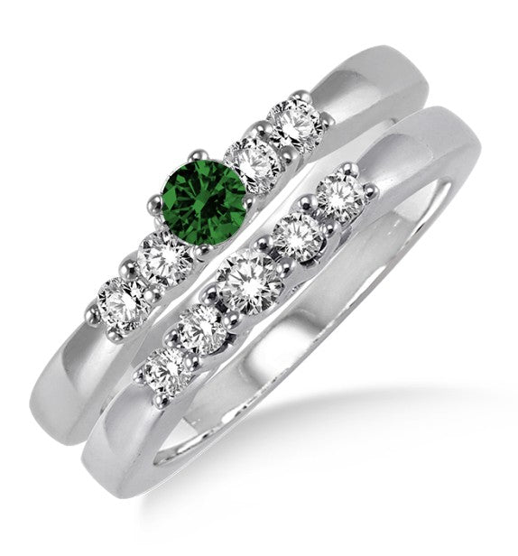 1.25 Carat Emerald Elegant 5 stone Bridal Set on 10k White Gold