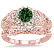 1.25 Carat Emerald Vintage floral Bridal Set Engagement Ring on 10k Rose Gold